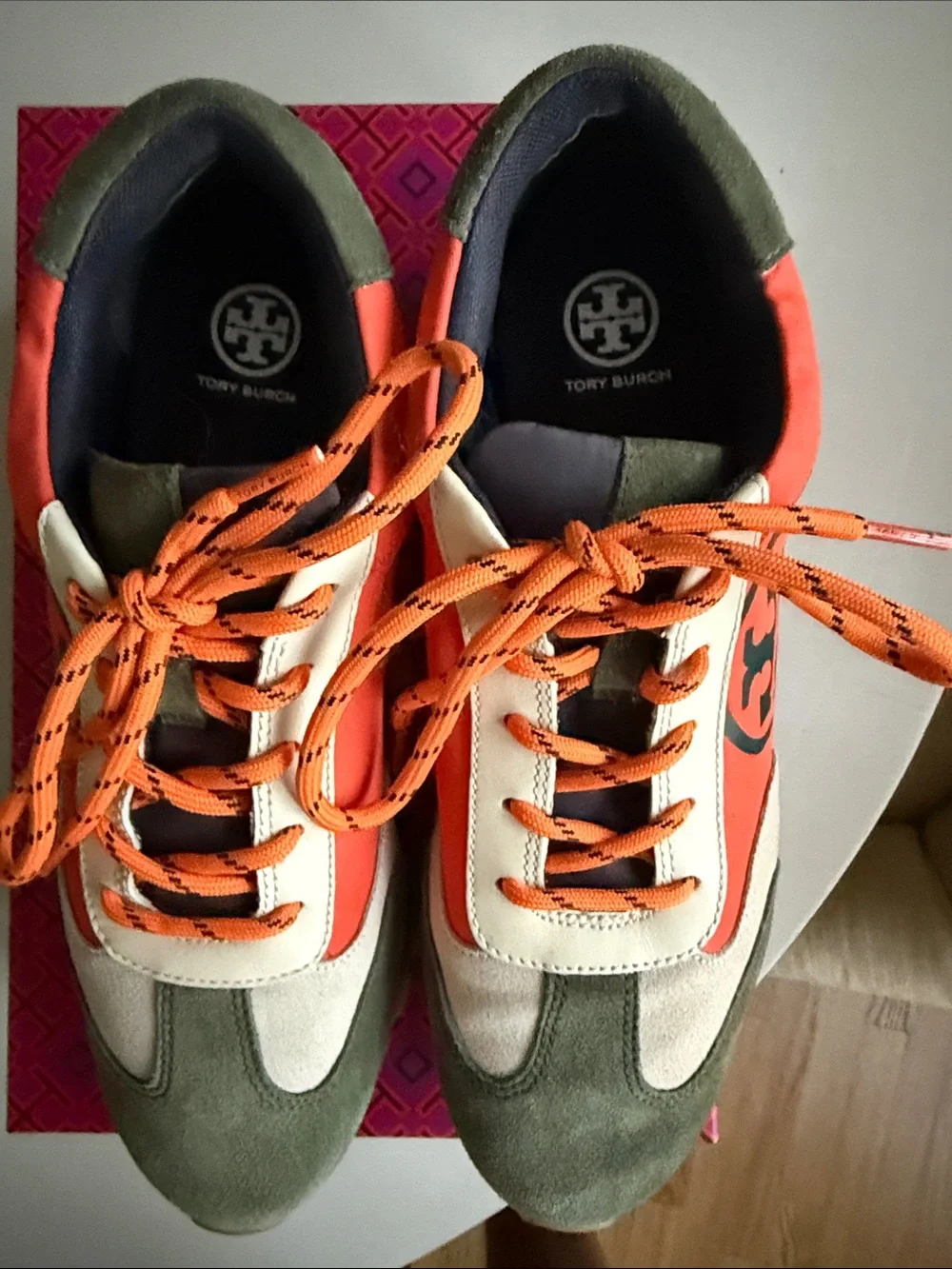 Tory Burch Orange, Olive & Cream Logo Runner Sneakers - Picture 5 of 8